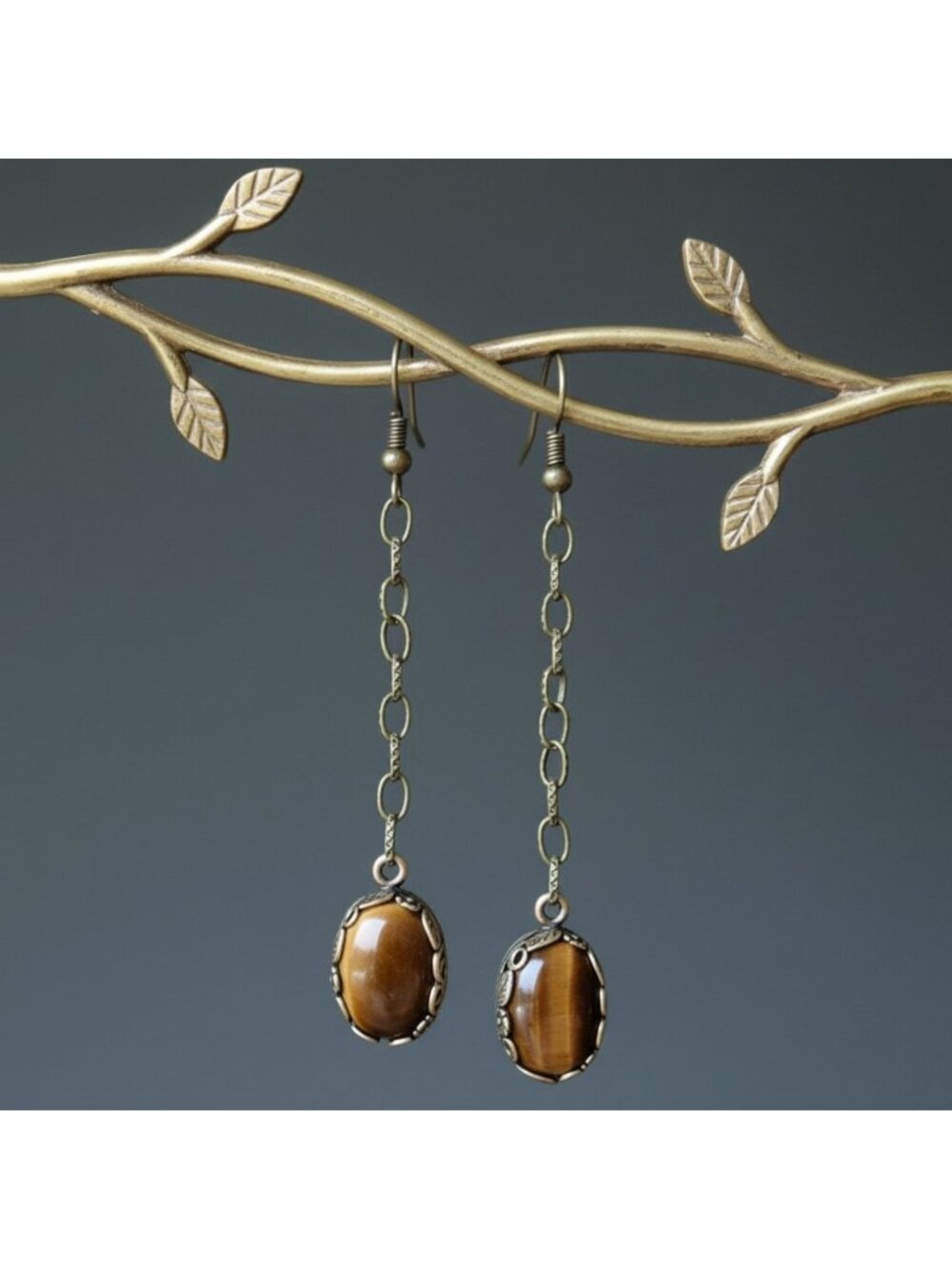 Tigers Eye Earrings Old World Soul Stones on Chain Long Dangle Crystal Jewelry